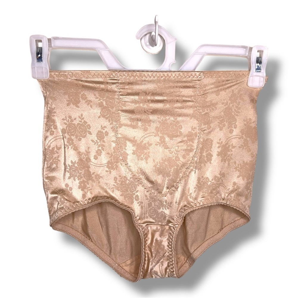 Vintage XL Cupid Brand Control Brief Light Beige Satin Floral Print Retro Pinup